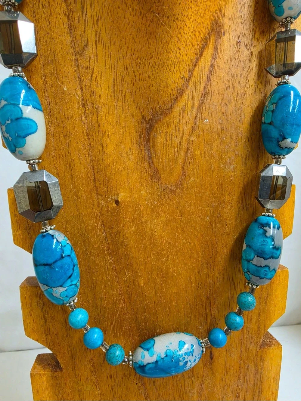 Handmade Turquoise White Beaded Necklace Silver Tone Boho Statement New